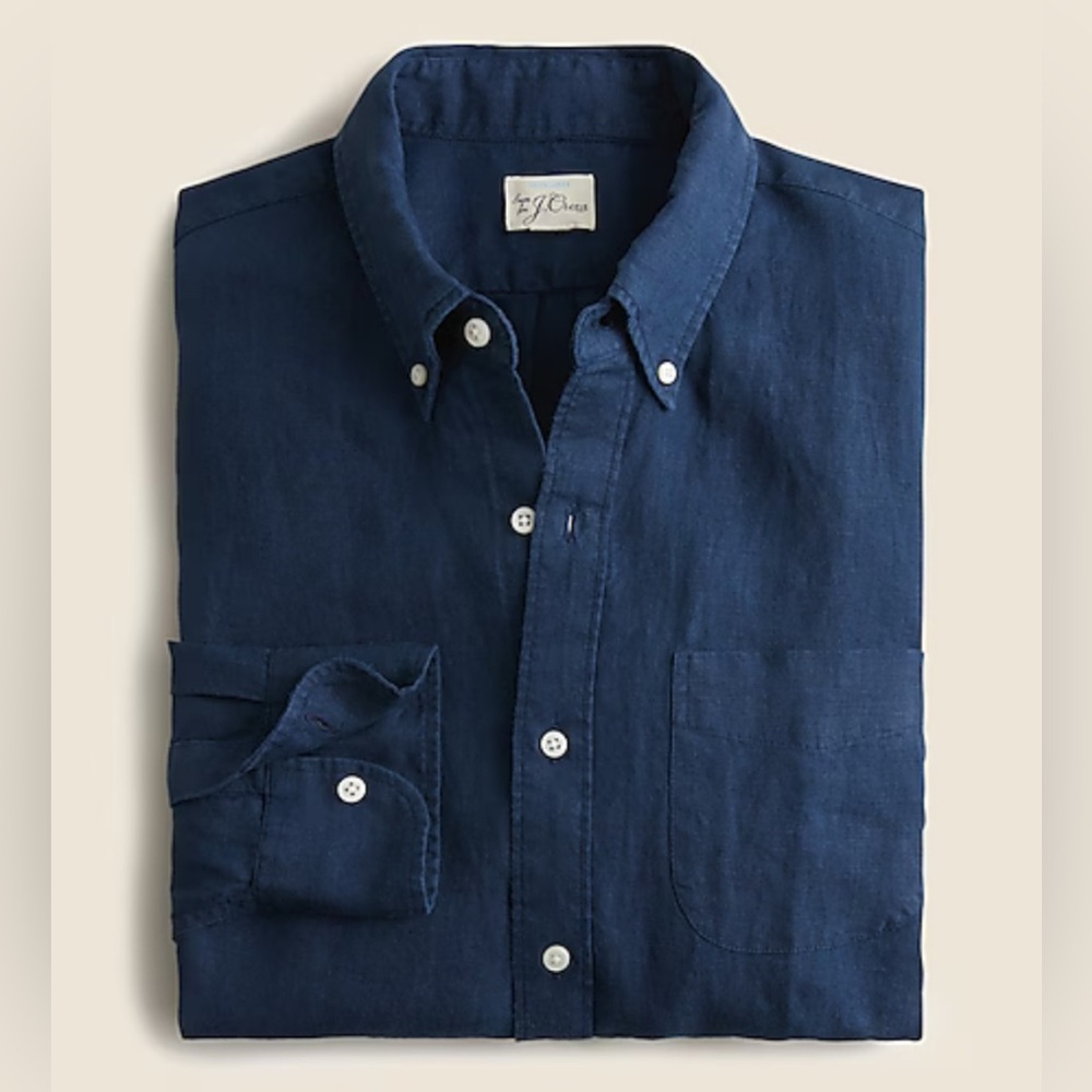NWT J. Crew x Baird McNutt Irish Linen Button Down Shirt in Navy Blue, Medium